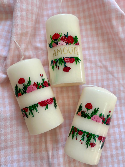 bougies décoratives : avec des roses et du vert et personnalisable